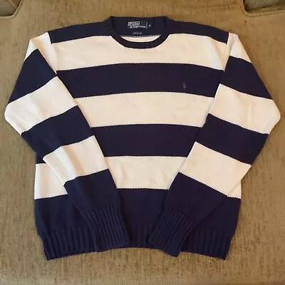 VTG Polo Ralph Lauren Sweater Men Large Blue Stripe Knit Pullover Cotton Varsity • $27.99