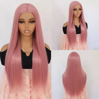 Synthetic Lace Frontal Wigs Long Straight Pink Hair Heat Resistant Women Party • $15.90