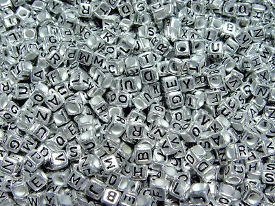 6x6mm Silver Metallic Alphabet Beads Black Letters 200pc. Jolly Store Crafts • $6.99