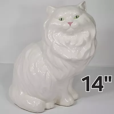 Vintage White Ceramic Persian Cat 14  Green Eyes Statue Figurine Large • $87.99