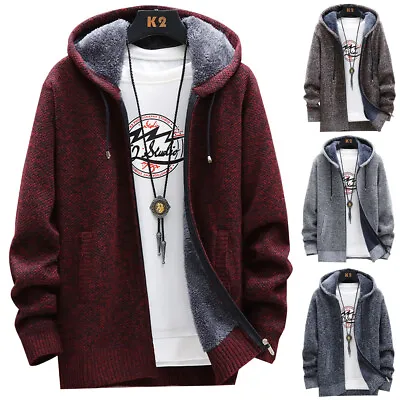£25.38 • Buy Mens Knit Sweater Coat Hooded Jumper Cardigan Fleece Fur Lined Zip Hoodie Jacket