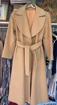 SzS Vintage Coat  Wool Camel Belted Lapels Vertical Pockets Knee READ Costume • $15