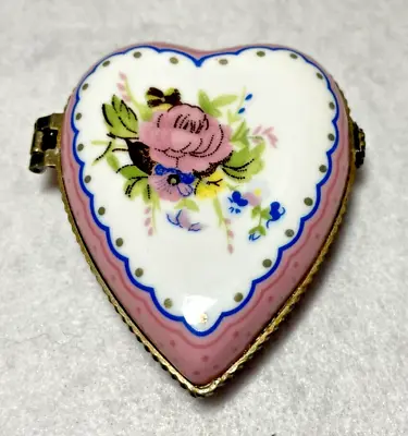 Vintage VTG Limoges Je T'aine Porcelain Trinket Box Pink Floral Rose Silver Tone • $24