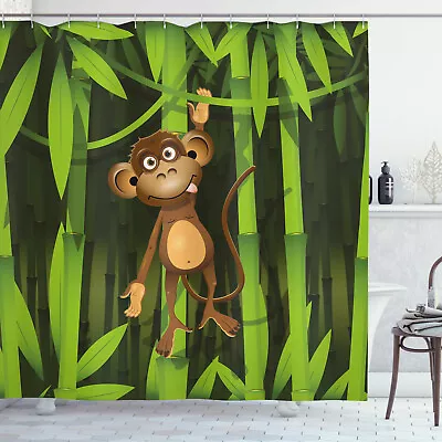 Brown Green Shower Curtain Wild Cute Monkey Print For Bathroom • $36.99