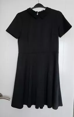 Warehouse Black Short Sleeve Textured Peter Pan Collared Tea Dress 12 • £2.99