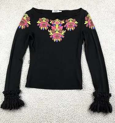 Vintage Moschino Jeans Black LS Artsy Top Shirt Floral Paint Moulin Rouge US 10 • $69.99