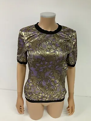 Marni At H&M Womens Top Size 34 Uk 6 Short Sleeve Gold Metallic Patterned • £31.60