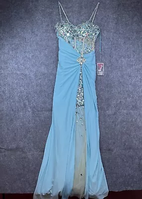 Michelle Kim Gown S Light Blue Crystals Sequin Sheer Prom Formal Hoco Slit Leg • £182.03