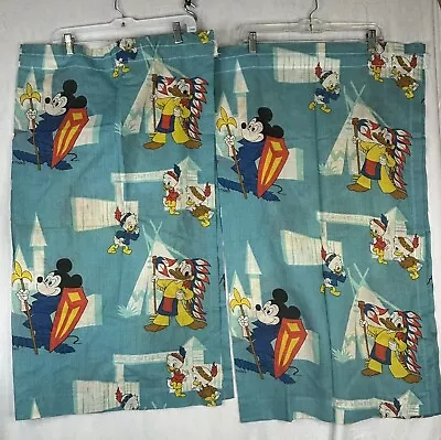 Vintage Mickey Mouse Fabric Panels Curtains 42” X 36  Blue Donald Duck Frontier • $39