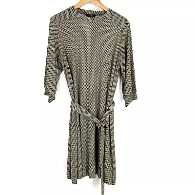 APC Rue Madame Paris Dress Size Medium Navy Gold Geometric Print Shift Belt Knit • $35.99
