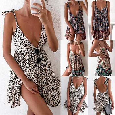 $17.81 • Buy Womens Low Cut Deep V Neck Mini Dress Ladies Print Sexy Strappy Summer Sundress