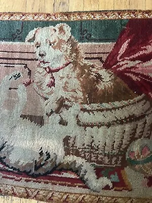 $139 • Buy Early Antique Victorian Axminster Wool Rug~Carpet Dog In Basket Kittens Pinks