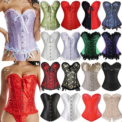 Womens Sexy Overbust Boned Corset Burlesque Basque Top Lace-Up Costume Lingerie • £15.79