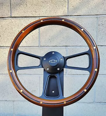 14  Black Billet Steering Wheel Real Wood Mahogany Brass Rivets Chevy Bowtie • $179.48