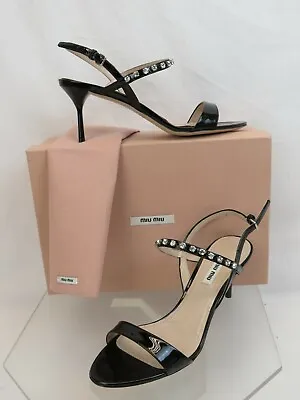 Nib Miu Miu Prada 5x008c Black Patent Leather Jeweled Strap Sandals Pumps 37 • $345