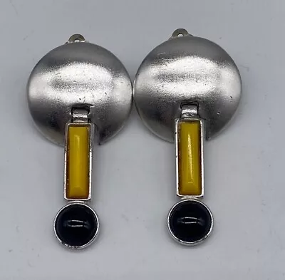 $38.25 • Buy Ben Amun Vintage Clip On Silver Tone Dangling Yellow & Black Geometric Earrings