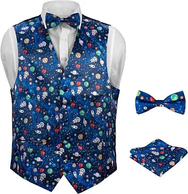 Concitor Men's Dress Vest SPACE Planets Pattern Design Mens Bow Tie Hanky Set -M • $27.95