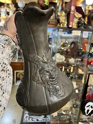 Antique German Kayserzinn Pewter Pitcher Devil Face Satyr Iris Flowers From 1920 • £506.21