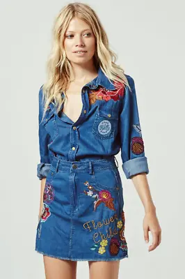 $122.50 • Buy Spell & The Gypsy Size Small Navy Blue Flower Child Embroidered Denim Mini Skirt