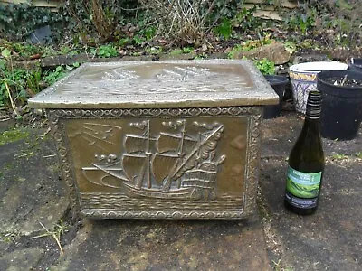 Vintage Embossed Brass Galleon Ship Boat Log Coal Box • £40
