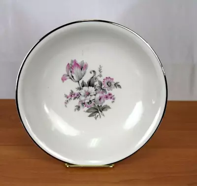 Embassy China Soup Bowl Vitrified Pink And Gray Floral Platinum Trim Coupe EMB63 • $8.99