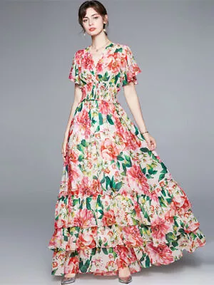 Floral Maxi Dress Women Bohemia V-Neck Butterfly Sleeve Ruffles Long Dress • $57.99