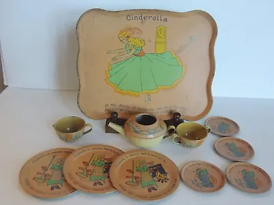 1930s Vintage Cinderella 11pc Childs Tin Tea Set Ohio Art Tray Plate Teapot ++ • $40