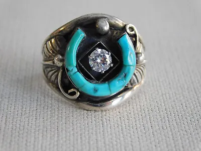 Sterling Silver Blue Stone Clear Lucky Horseshoe Ring Sz 11.5 Southwest • $150