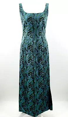 VTG Women's 60s Blue Green & Black Metallic Brocade Maxi Dress Sz M 1960s Gown • $99