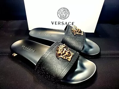 Versace Women Slide Size 9 US | Black And Gold Accent Medusa Head Palazzo Shoe • $225