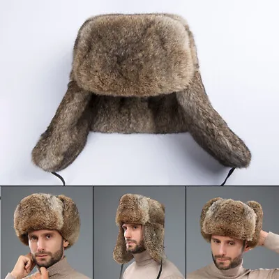 Mens Winter Real Rabbit Fur Hat Russia Trapper Earflap Snowboard Ski Cap Ushanka • £28.79