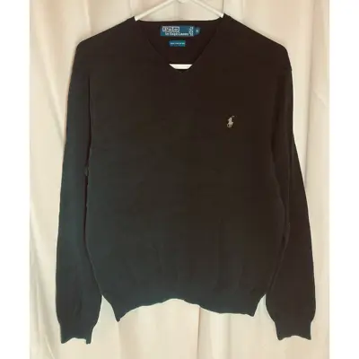 Polo Ralph Lauren Mens Pima Cotton Sweater Black V Neck Long Sleeve Logo Medium • $24.99