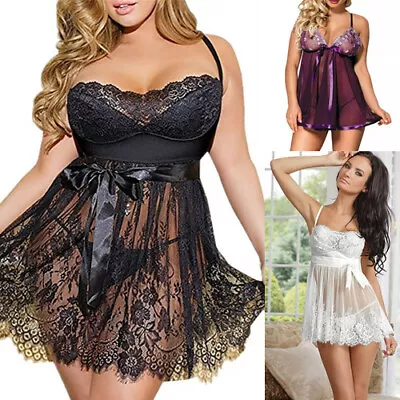 £12.99 • Buy Sexy Women Lace Mesh Lingerie Nightwear Sleepwear + G-string Plus Size UK Seller