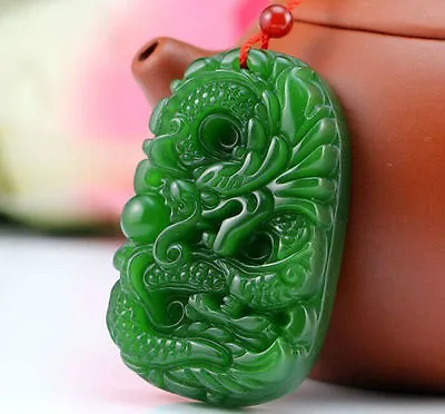 100% Natural Green Chinese Hetian Jade 100% Hand-carved Dragon Pendant • £6.40