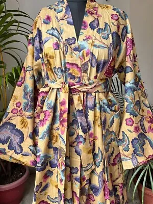 Indian Yellow Floral Women's Clothing Kimono Cotton Bath Robes Maxi Night Gown • $39.92