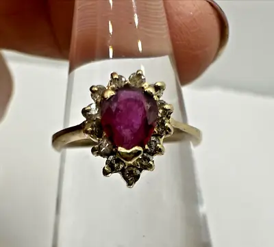 Vintage 14K Yellow Gold Petite Pear Shaped Ruby & Diamond Ring ~ Size 6 • $195