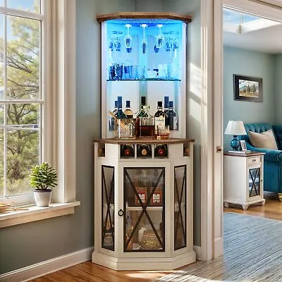Farmhouse Wine Corner Bar Cabinet With LED Lights Glass Rack Kitchen Organizer • $233.99