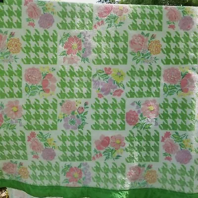 Vintage Floral Blanket Green Pink Flowers Full 74 X 88 Montgomery Ward MCM AS IS • $44.99