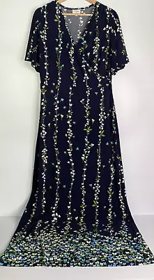 Leona Edmiston Ruby Women 2 Navy Blue Floral Maxi Dress Stretch V-Neck Crossover • $35