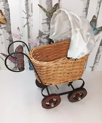 Vintage Wicker Baby Doll Pram Carriage Buggy Stroller Home Decor W/ Satin Topper • $14.07