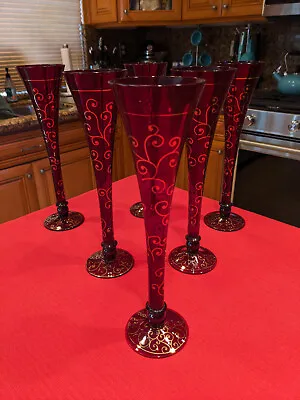  NIB  SET (6) Ruby Red & Gold Scroll Design Champagne Flutes  GORGEOUS  • $49.99