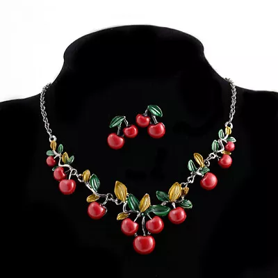 New Fashion Fashion Red Cherry Enamel Pendant Chain Women Necklace Earring Set • $4.49