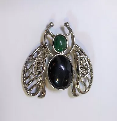 Vintage STERLING SILVER BUG PIN W/ MALACHITE & ONYX CABOCHONS 2  Long 14.8 Gr • $29.99