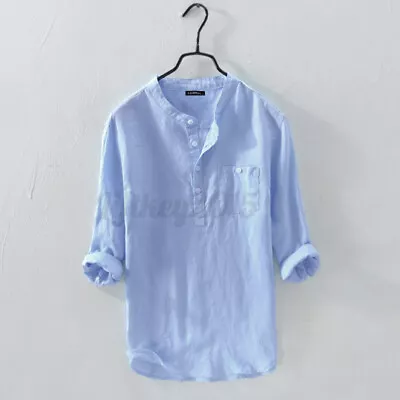 Men's 3/4Sleeve Cotton Linen Henley Blouse V-Neck Loose Casual Tops T Shirts Tee • $19.73