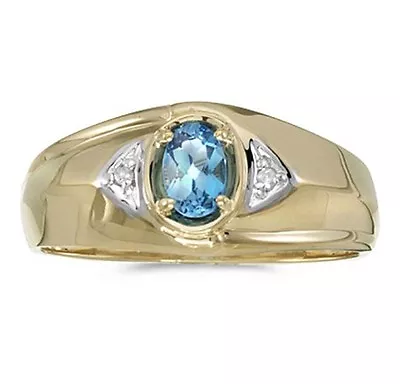 Mens Genuine Blue Topaz And Diamond Ring 10K Yellow Gold - Free Ring Size (8-12) • $329