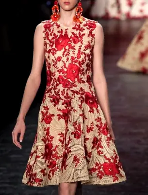 Naeem Khan Spring 2016 Runway Embroidered Raffia Floral Red Cocktail Dress US 6 • $1211.83