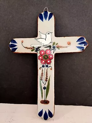  Tonala Mexico Pottery Ceramic Cross Wall Hang White Dove Flowers Signed 8 X5.5  • $16