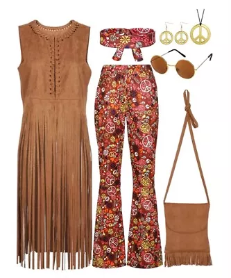£22.99 • Buy 7 Pieces 70s/60s Women Hippie Costume Set Includes Fringe Vest Bag Etc Size M