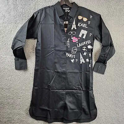 KARL LAGERFELD PARIS Poplin Scenic Shirtdress Women's XS Black Long Sleeves • $59.08