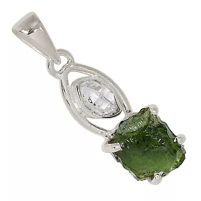 Natural Genuine Czech Moldavite & Herkimer Diamond 925 Silver Pendant ALLP-24554 • $33.99